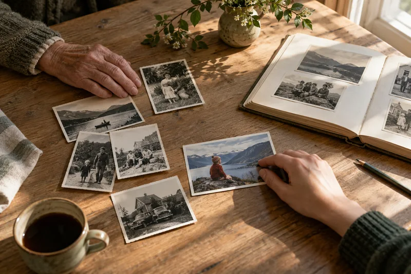 To generasjoner sorterer gamle familiebilder rundt et fotoalbum.