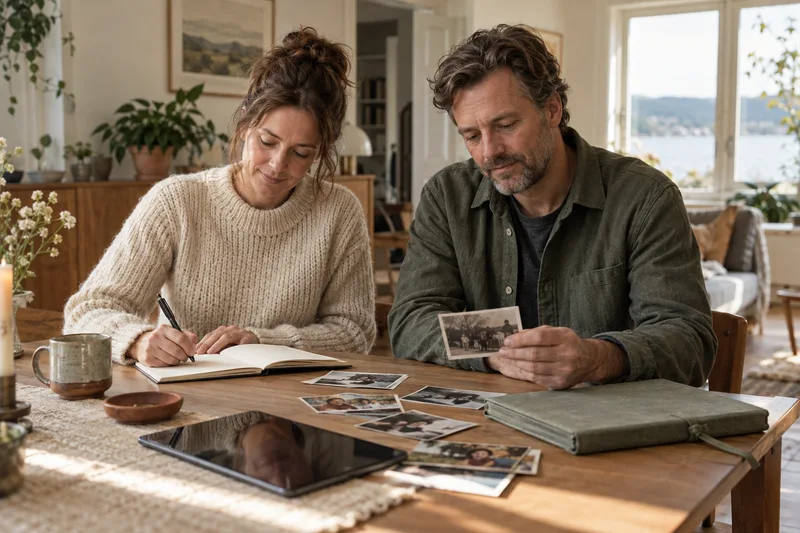 To voksne samler familiebilder og skriver et notat ved spisebordet.